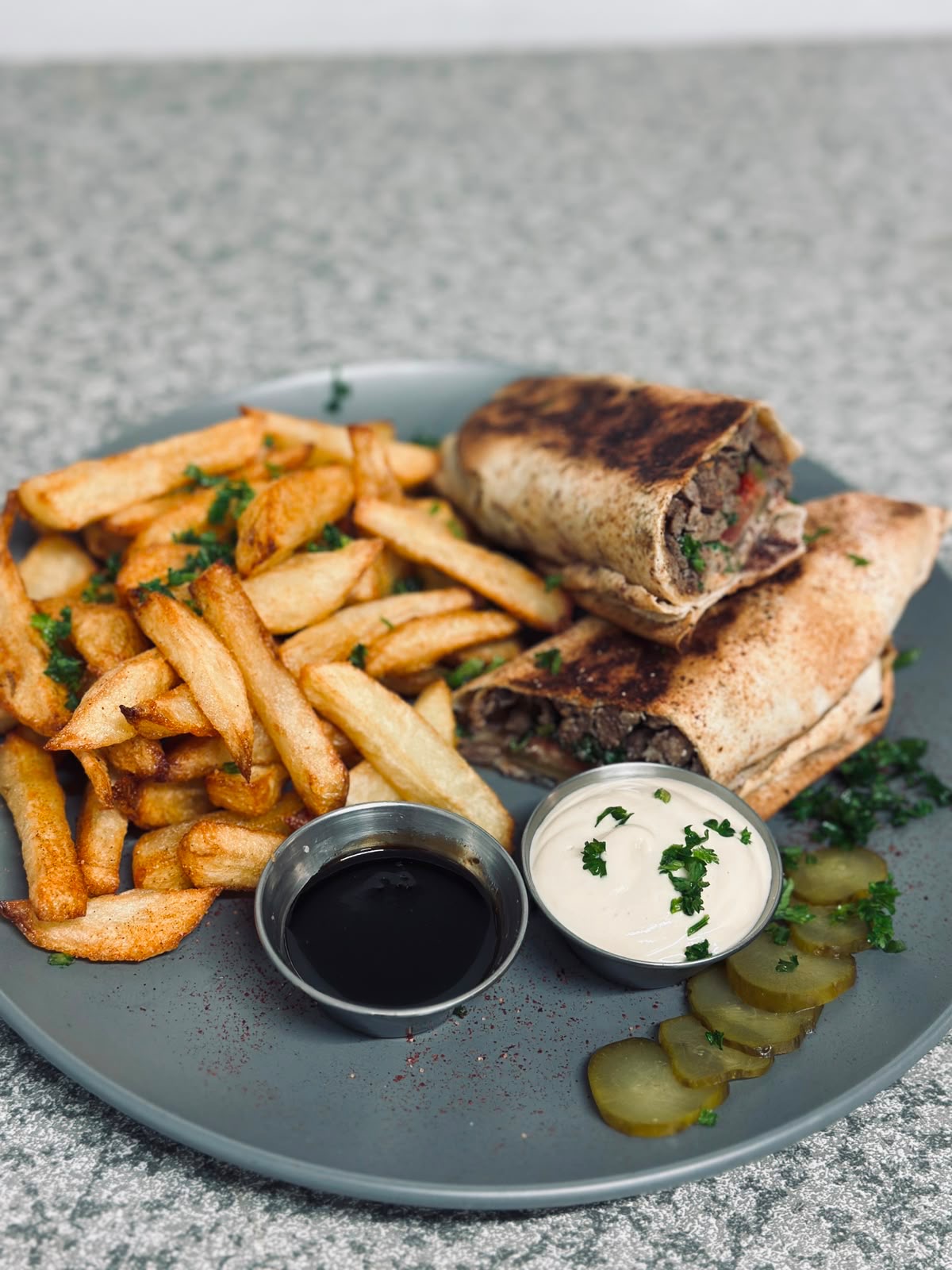 Lebanese chicken shawarma wrap with fries at BEIRUT in Gonubie, East London