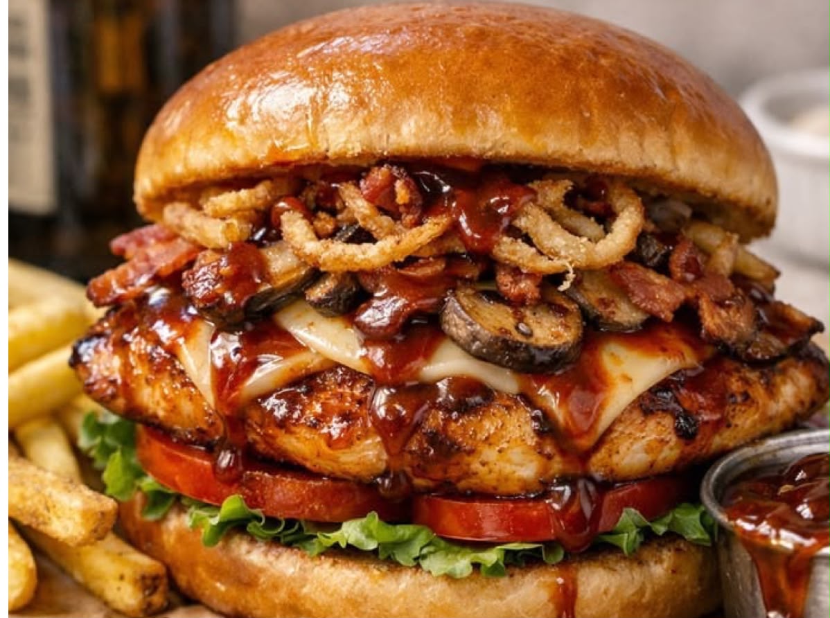 BBQ chicken burger with bacon, mushrooms and crispy onions — Gonubie